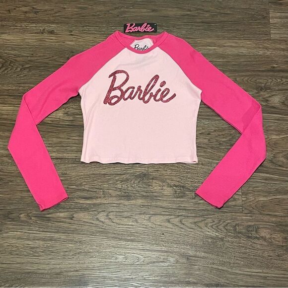Barbie Tops - NWT Glitter Barbie Long Sleeve Cropped Shirt Pink Size Large